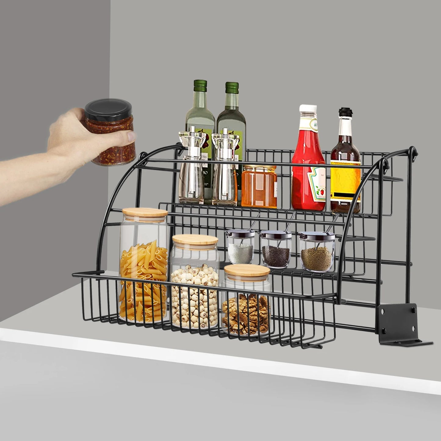 3-Layer Pull-Down Cabinet Metal Storage Rack with Expandable Spice Rack, Large Capacity for Kitchen, Bedroom, And Office Use