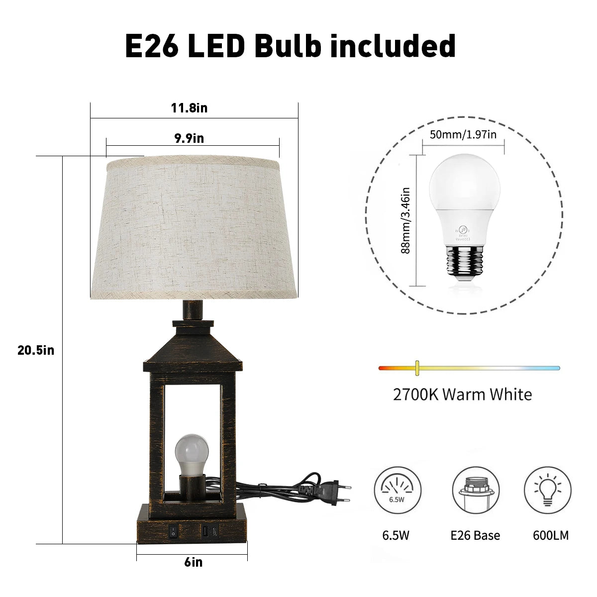 IndustrialGrade Contemporary Farmhouse BedsideNightstand Table Lamps 2Pack With DimmableControl