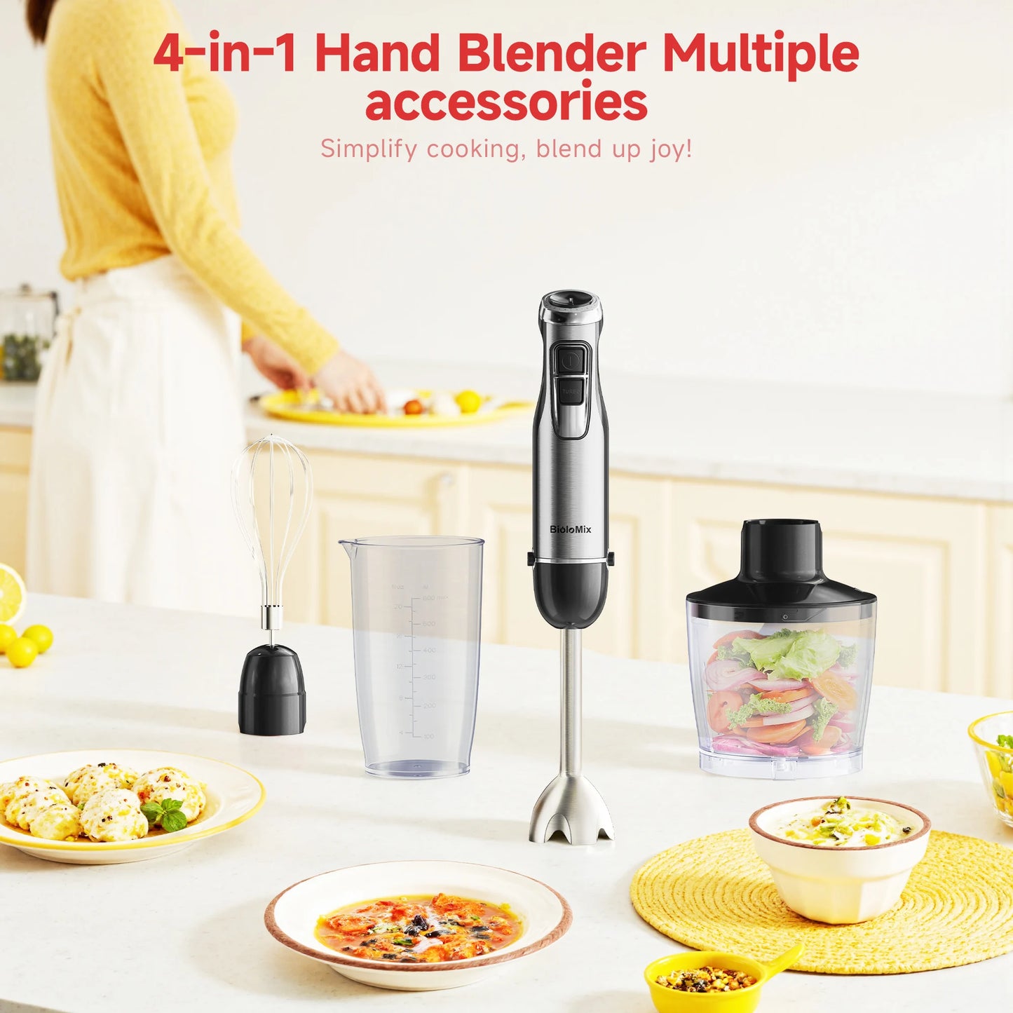 Biolomix 4 In 1 1200W Immersion Hand Blender With Chopper 6 Speeds Turbo Kit Includes 600ml Beaker