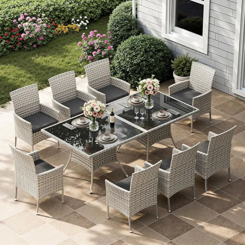 8-Seat Patio Dining Set with Square Glass Table and Wicker Chairs, Expandable for Outdoor Gatherings, Suitable for Backyard, Dec