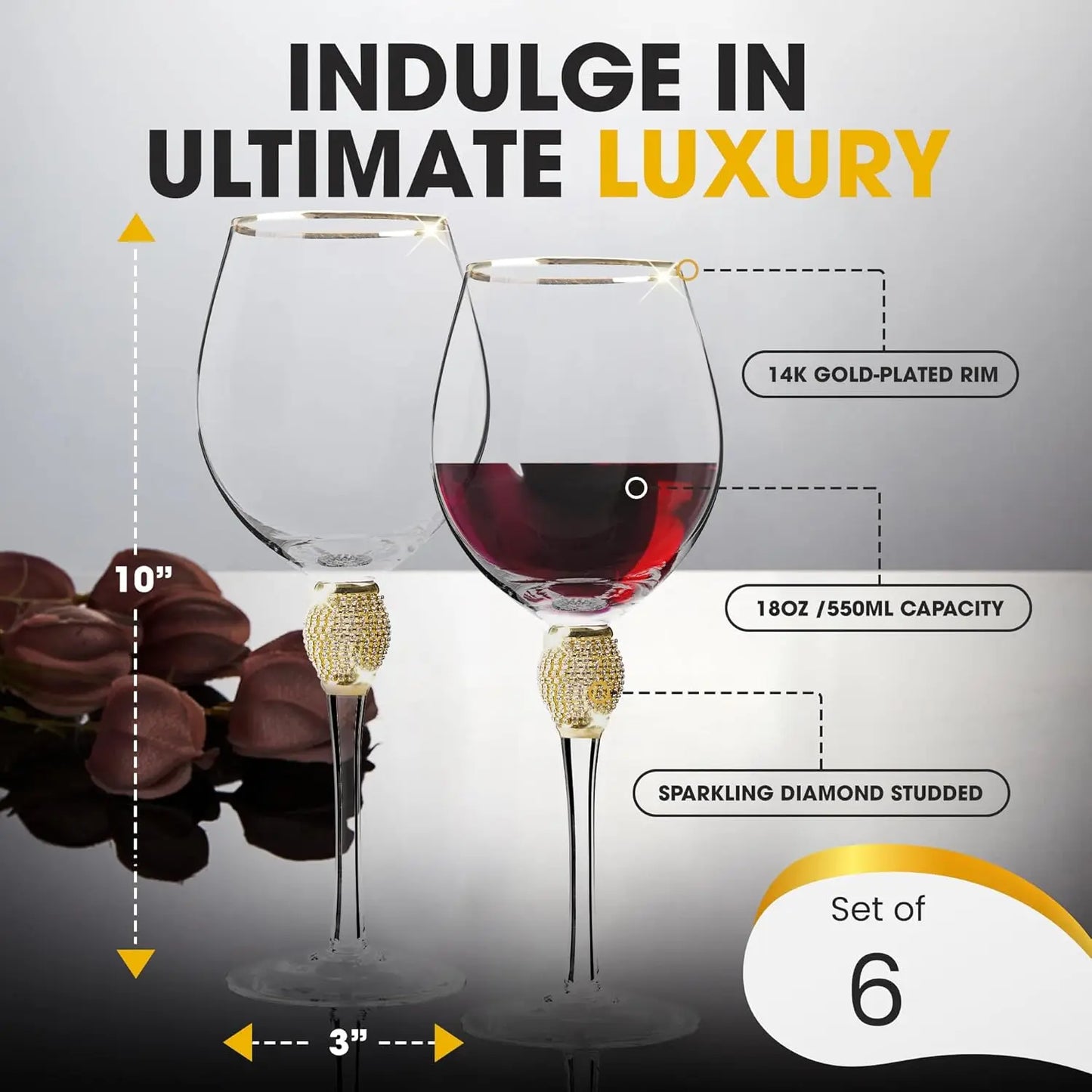 Premium Crystal Wine Glasses Set Of 6 With Rhinestone Accents On Elongated Stem And Gold Plated Rim
