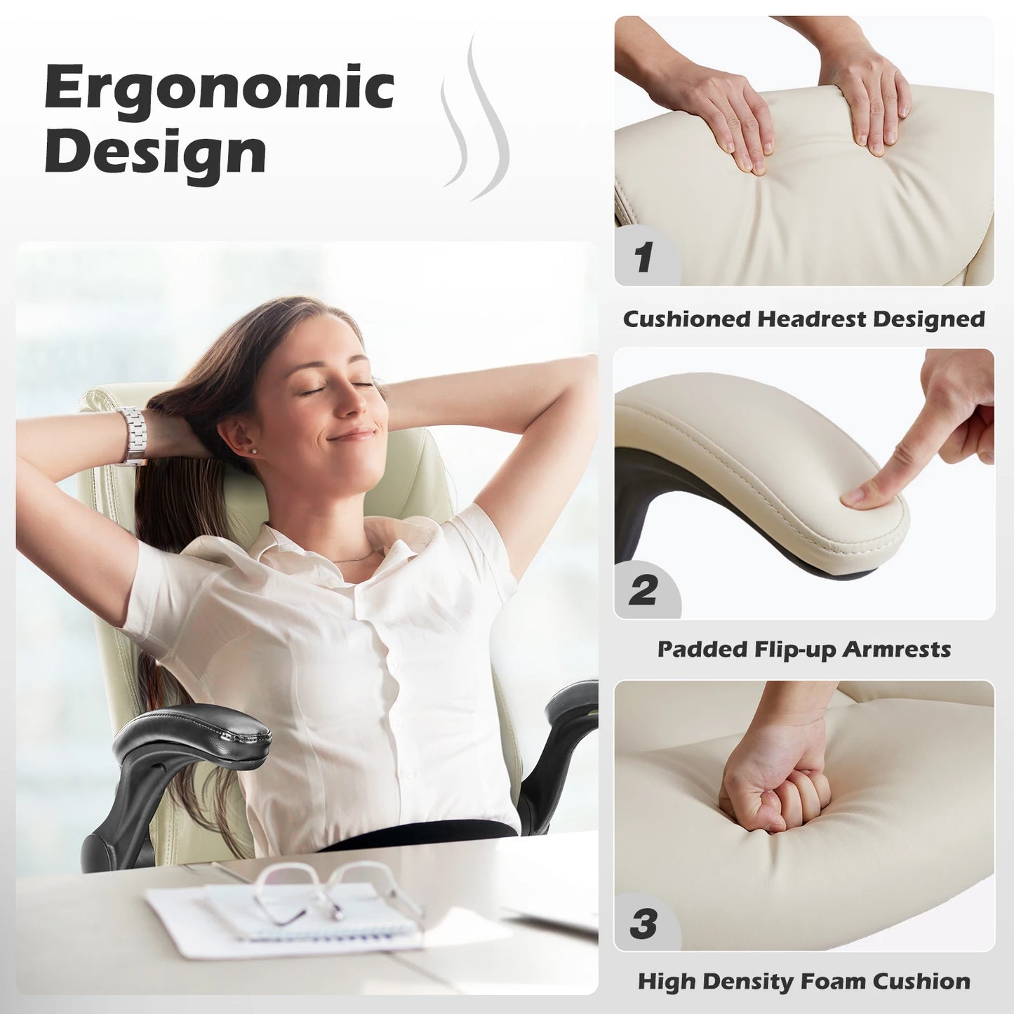 JHK Ergonomic Office Chair PU Leather Heavy Duty Task Chair With Flip Up Arms For Long Hours Comfort And Lumbar Support