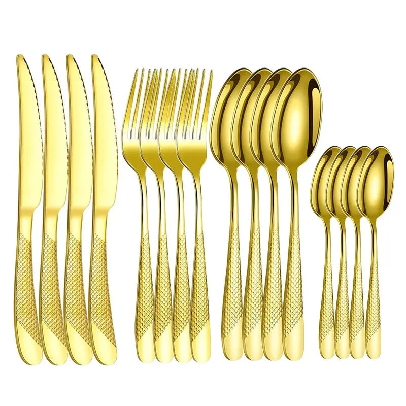 Pioggia Stainless Steel Cutlery Set For Four Person Everyday Dining With Silver Gold Coating And Mirror Bullion Finish