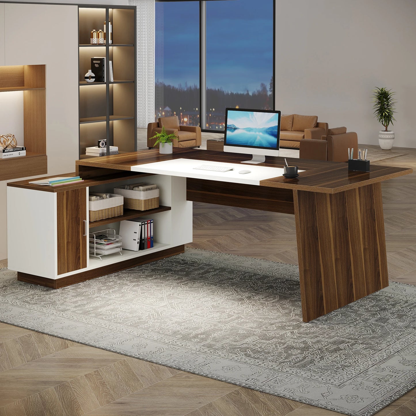 Tribesigns L-Shaped Executive Office Desk, 70.5-Inch Mid-Century Modern Executive Desk with Storage Cabinet and Shelves