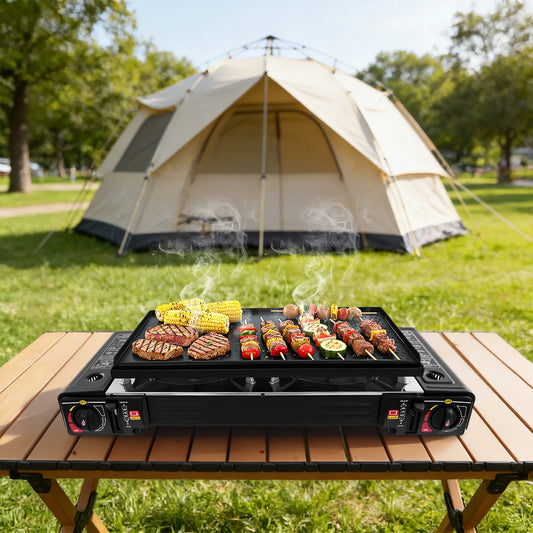 Portable Dual Burner Propane Camping Stove With Integrated Griddle