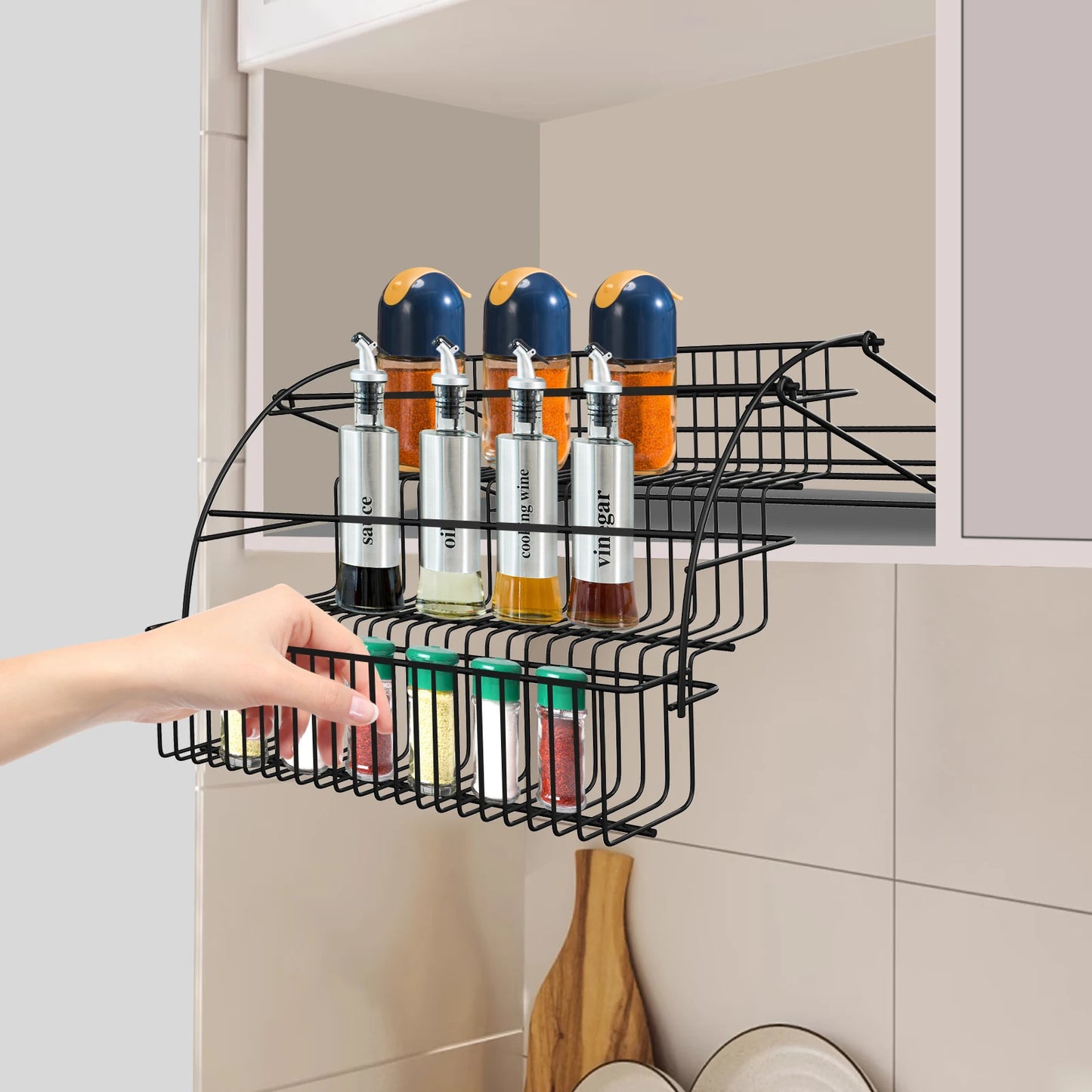 3-Layer Pull-Down Cabinet Metal Storage Rack with Expandable Spice Rack, Large Capacity for Kitchen, Bedroom, And Office Use