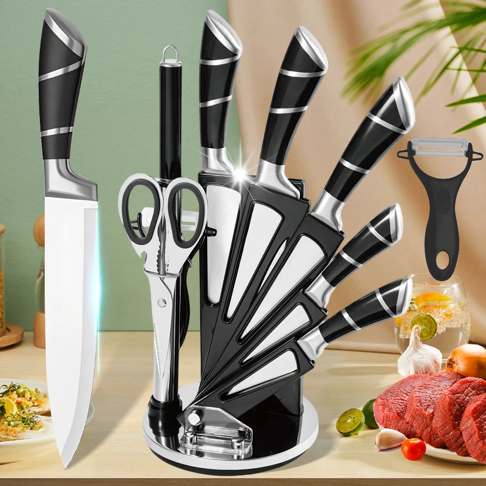 MDHAND 9pcs Kitchen Knife Block Set Sharp Stainless Steel Sharp Cutlery with Rotatable Storage Stand Scissors and Sharpener