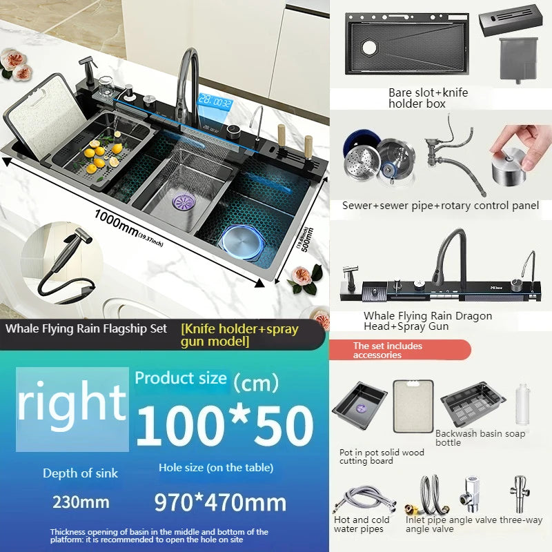 Stainless Steel Waterfall Kitchen Sink Digital Display Large Single Slot Dishwashing Sinks Overseas Warehouse Shipping