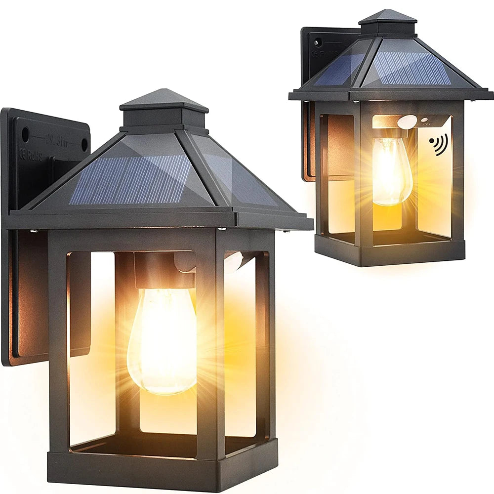 Solar Powered Wall Lanterns 2 Pack Motion Sensor Dusk To Dawn LED Sconce Lights For Exterior Front Porch