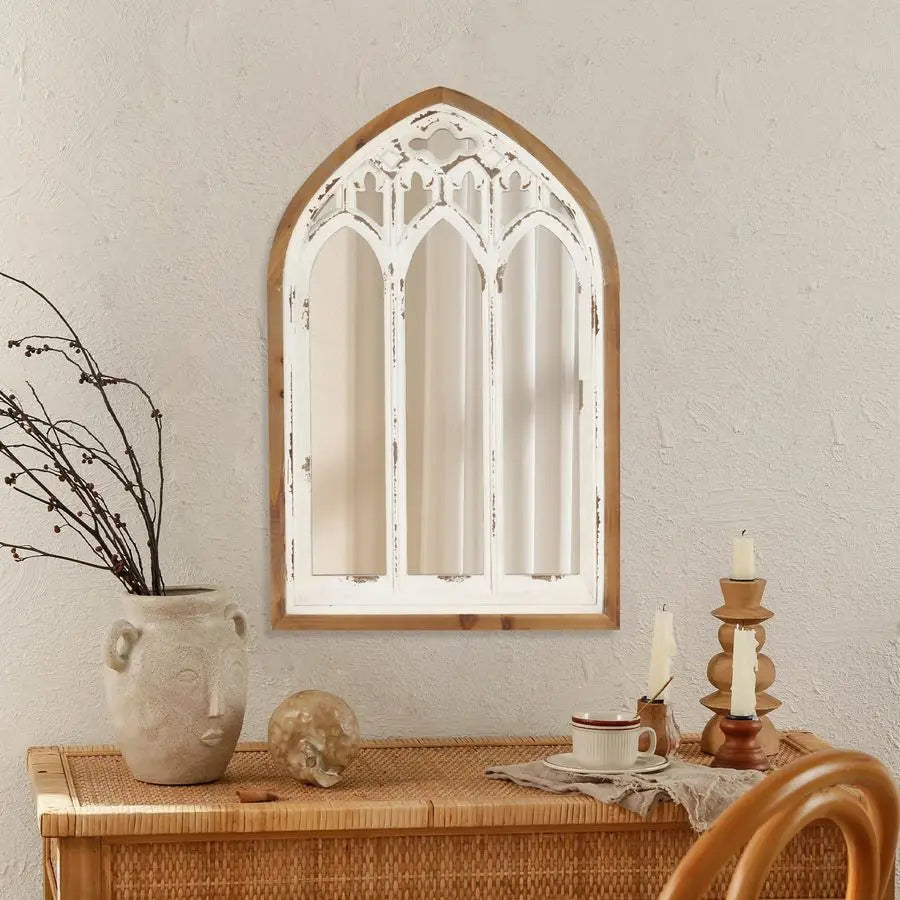 Cathedral Farmhouse Window Wall Mirror With Wooden Frame