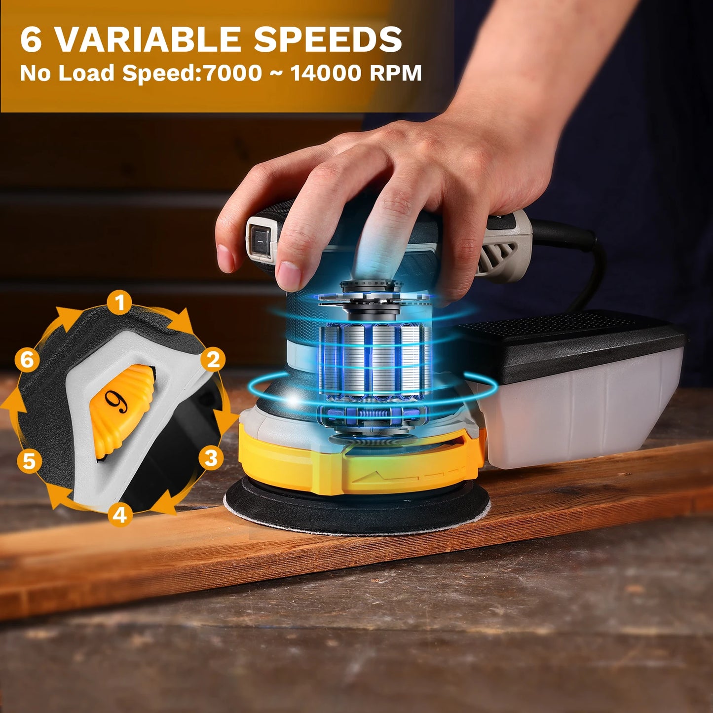 DEKO 14000 RPM Orbital Sander DKOS30A125G 300W With Dust Collection Pad And 16 Pieces Sandpaper Set