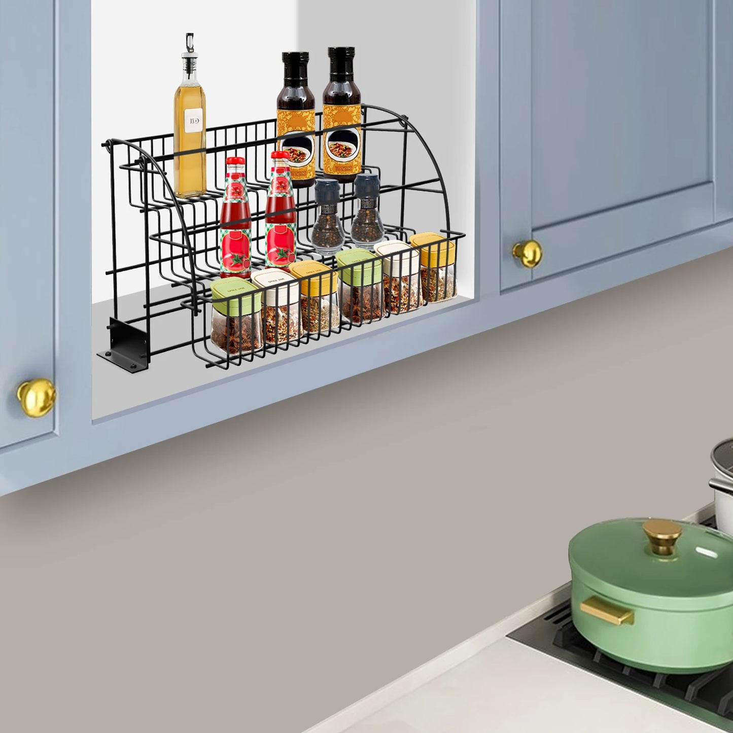 3-Layer Pull-Down Cabinet Metal Storage Rack with Expandable Spice Rack, Large Capacity for Kitchen, Bedroom, And Office Use