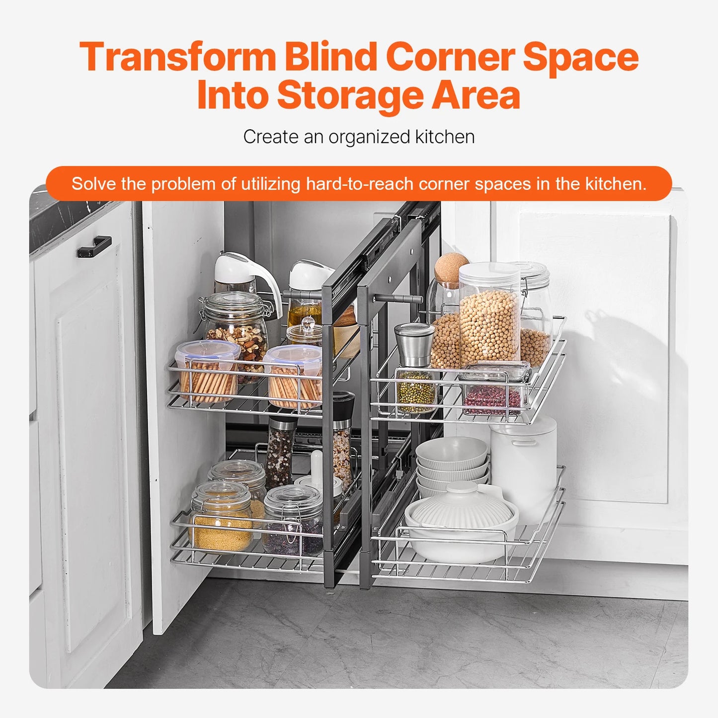 SucceBuy 2/3Tier Opening Blind Corner Pull Out Organizer 4 Shelf Kitchen Cabinet Organizer Slide Out Storage Organizer Basket