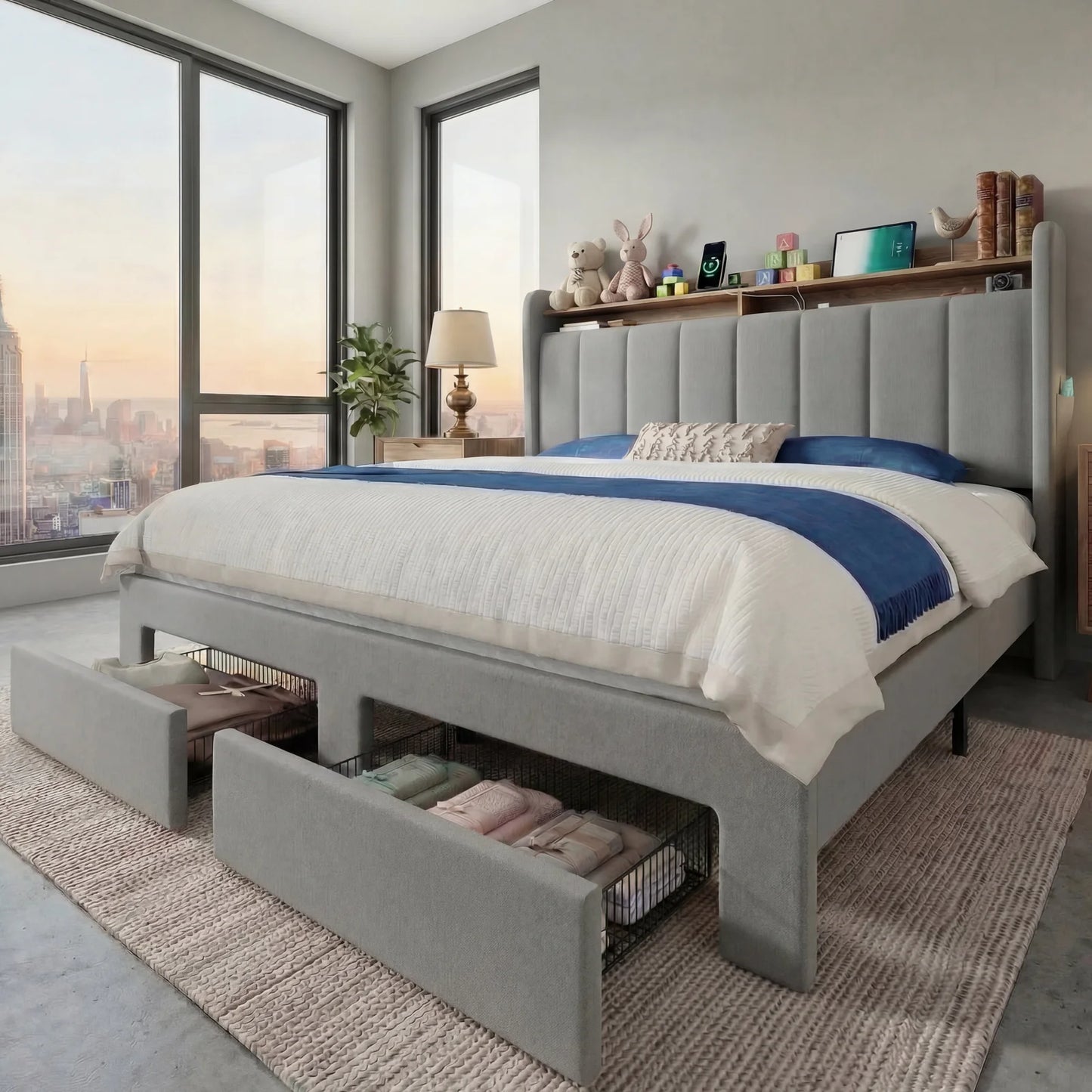 Hoomic Bed Frame With LED Lights And Charging Station Two Storage Drawers And Headboard Shelves