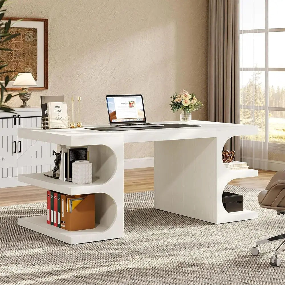 Modern 63 Executive Desk with Storage, Wood Home Office Computer Workstation, Large Study Writing Table