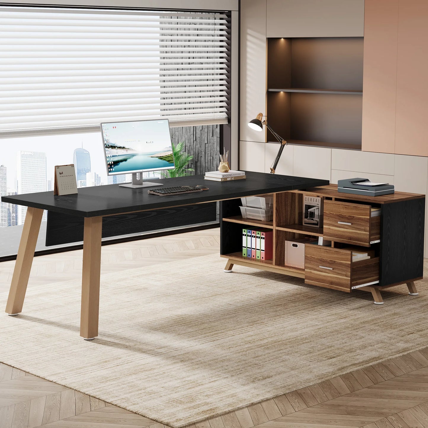 Tribesigns Executive L-Shaped Desk With Cabinet And Storage Shelves