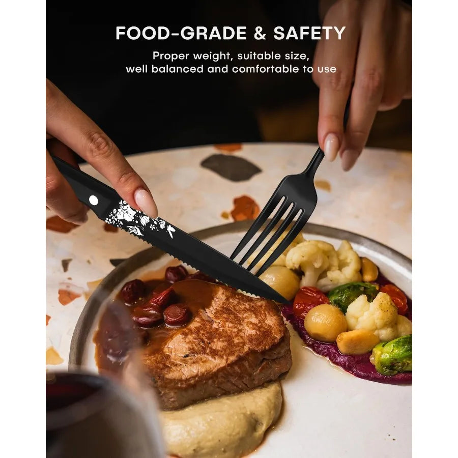 48Piece Black Silverware Set with Steak Knives Stainless Steel Cutlery Flatware Set for 8 Utensil Sets Include Forks Spoons and