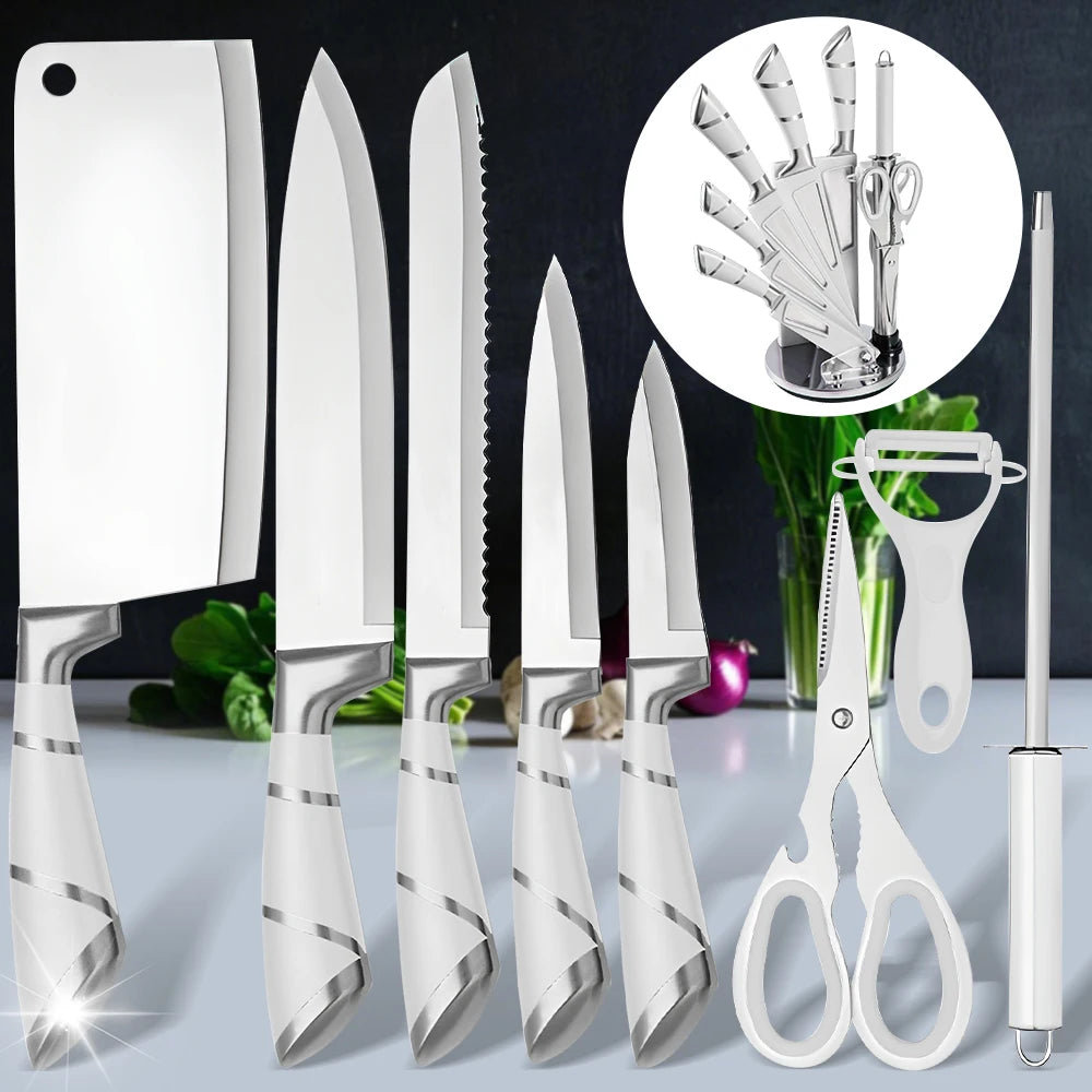 MDHAND 9pcs Kitchen Knife Block Set Sharp Stainless Steel Sharp Cutlery with Rotatable Storage Stand Scissors and Sharpener