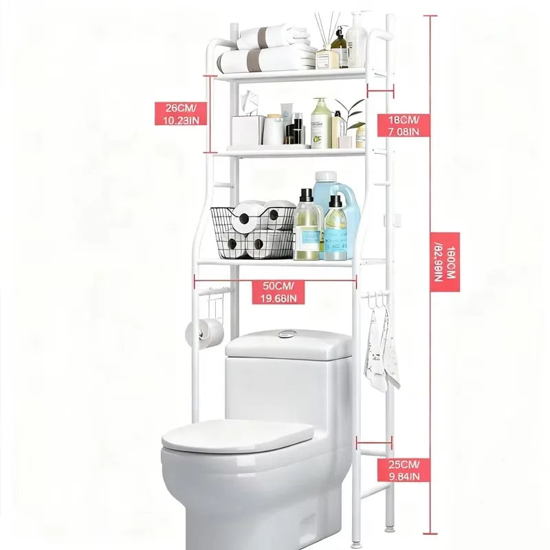 Storage rack above 3-layer toilet, space saving metal bathroom rack, independent toilet storage rack above, with 4 bathroom hook