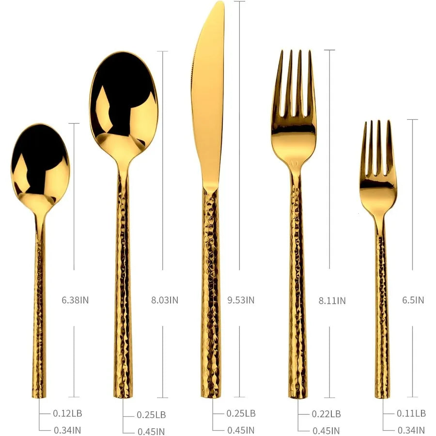 18 10 Stainless Steel Flatware Set Hand Forged Silverware Set Cutlery Set Shiny Gold Round Hammered Handle Mirror Finished 20 P
