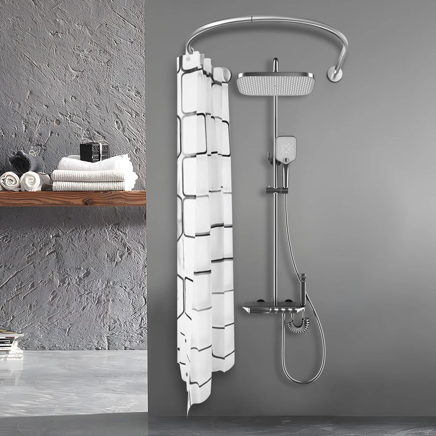 Extendable U Shaped Shower Curtain Rod Set Punch Free Bathroom Adjustable 0.9 to 1.3 m Includes Polyester Curtain