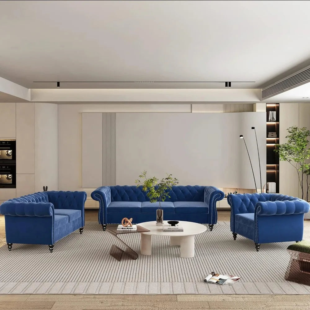 DAFIFY Velvet Chesterfield Living Room Set With Nailhead Three Piece Sofa Loveseat Chair