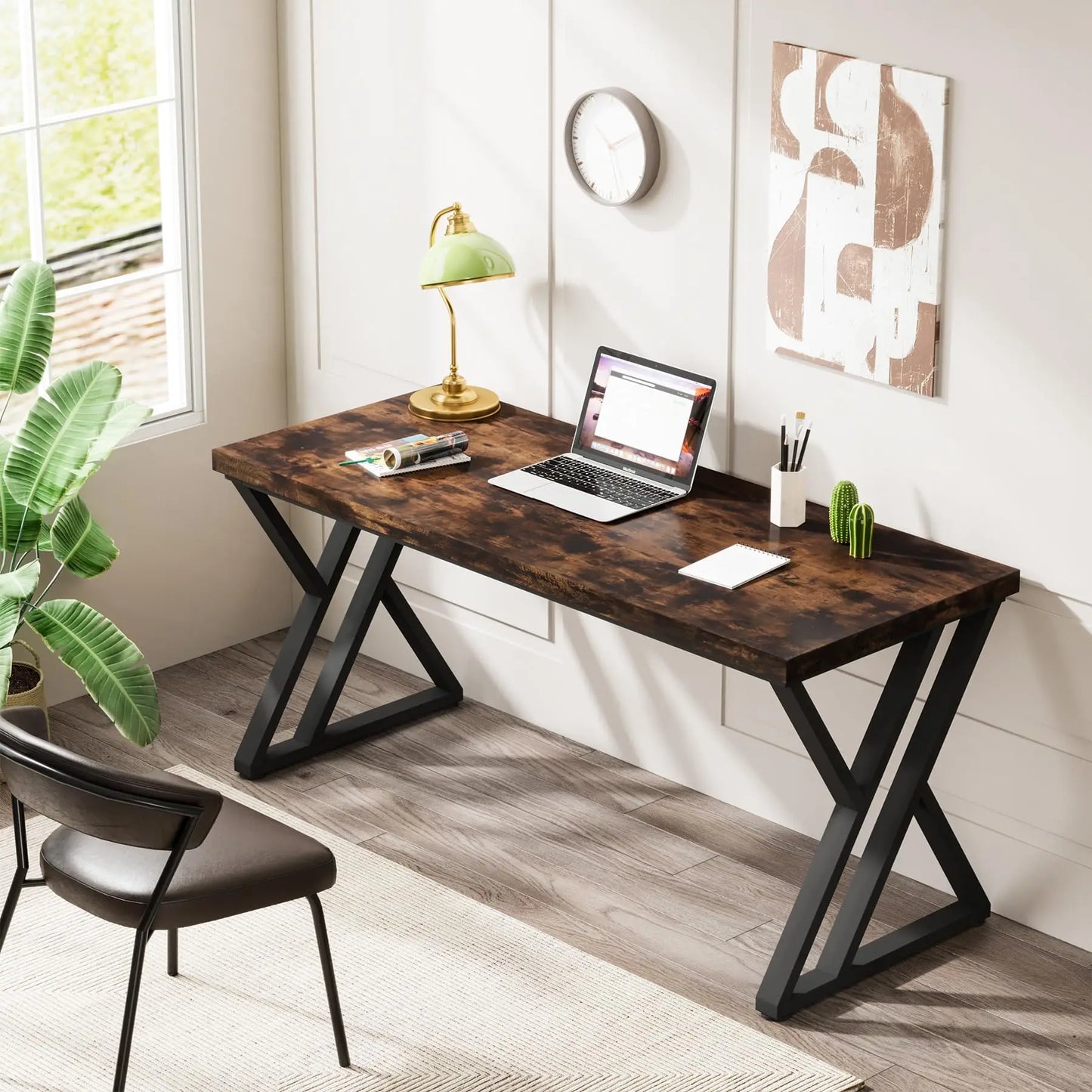Tribesigns Writing Computer Desk With Z Shaped Metal Legs Industrial Chic Wood Grain Top 55 Inch Wide