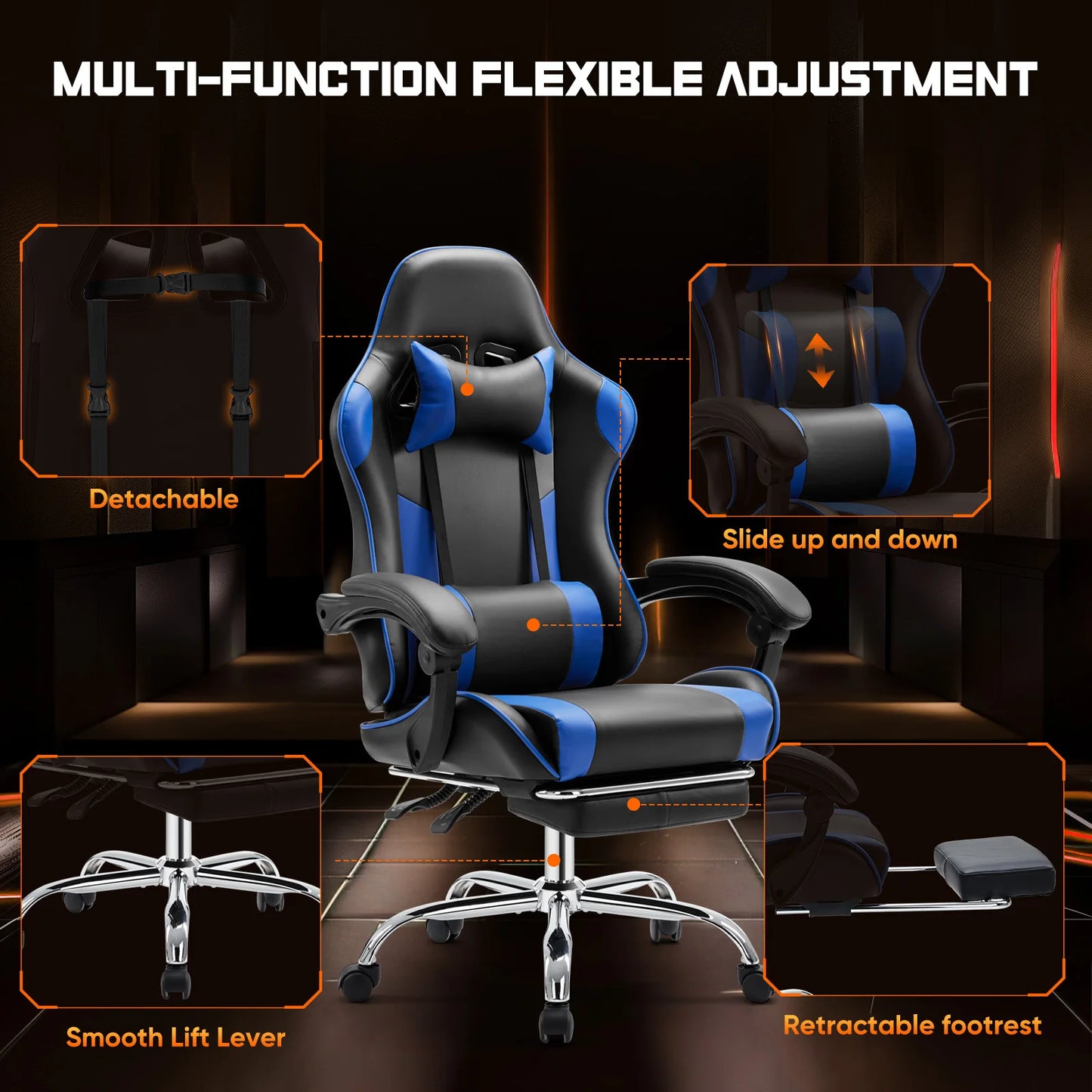 JHK Ergonomic Racing Gaming Chair Featuring Adjustable RemovableHeadrest LumbarSupport