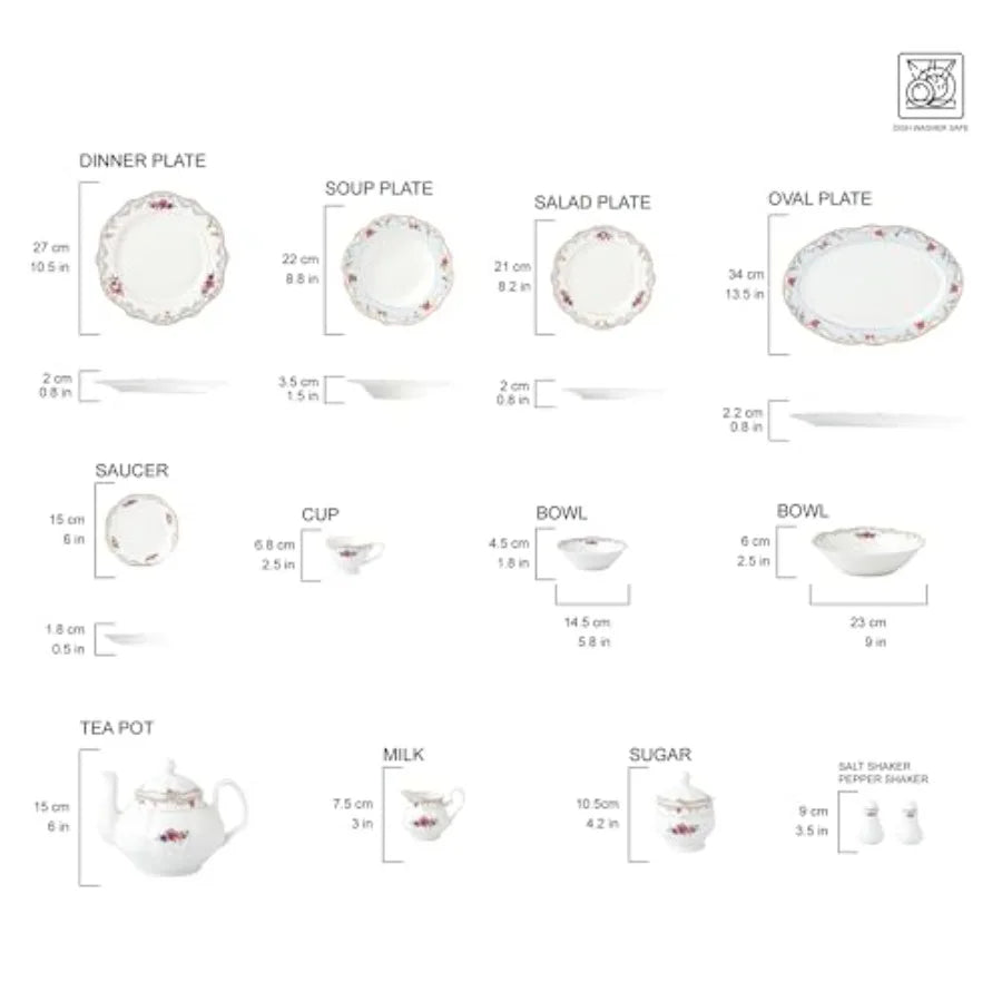 57-Piece Bone China Dinnerware Set, Service for 8, Floral with Blue and Gold Trim