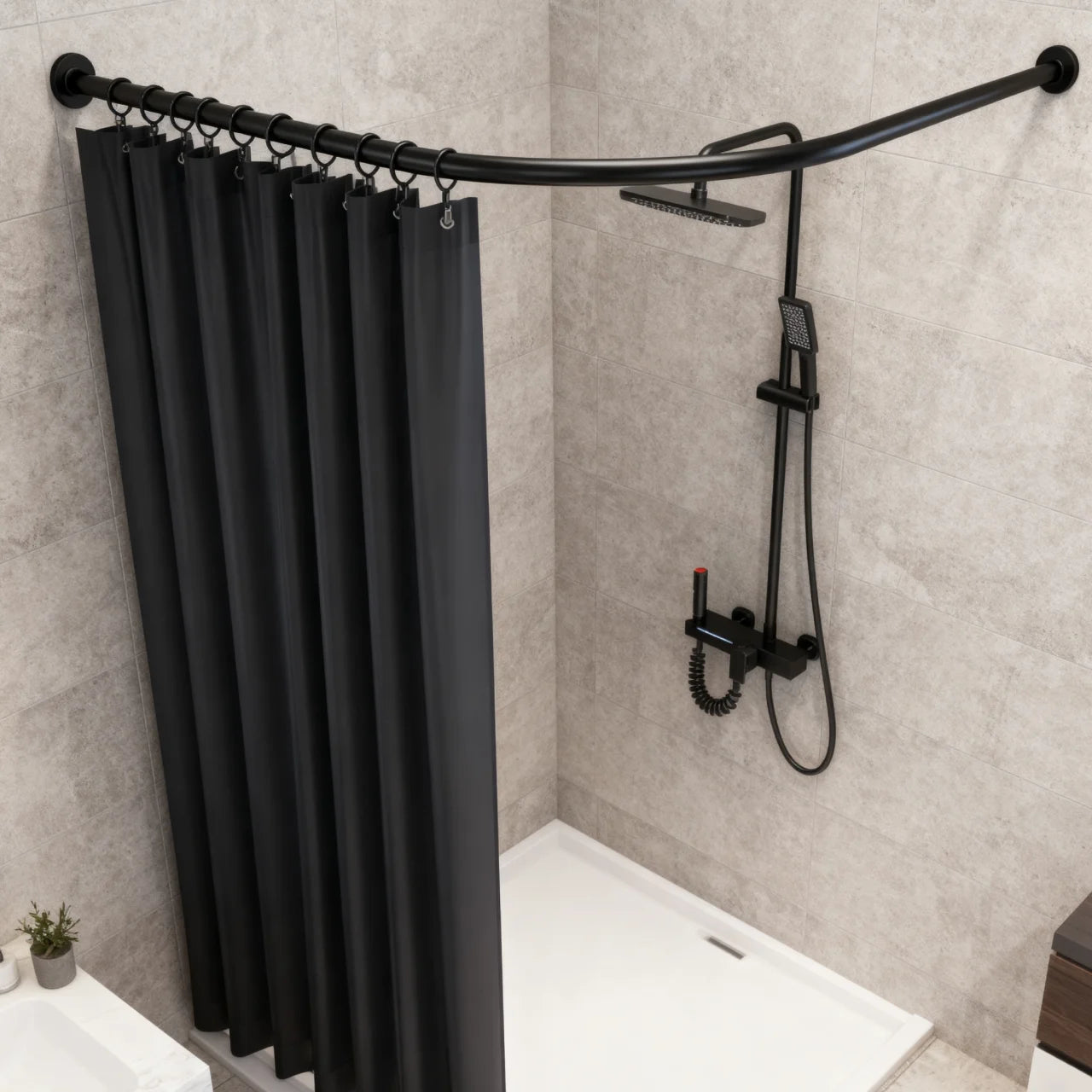 Telescopic L-Shape Shower Curtain Rail No-Drilling Corner Install Stainless Steel