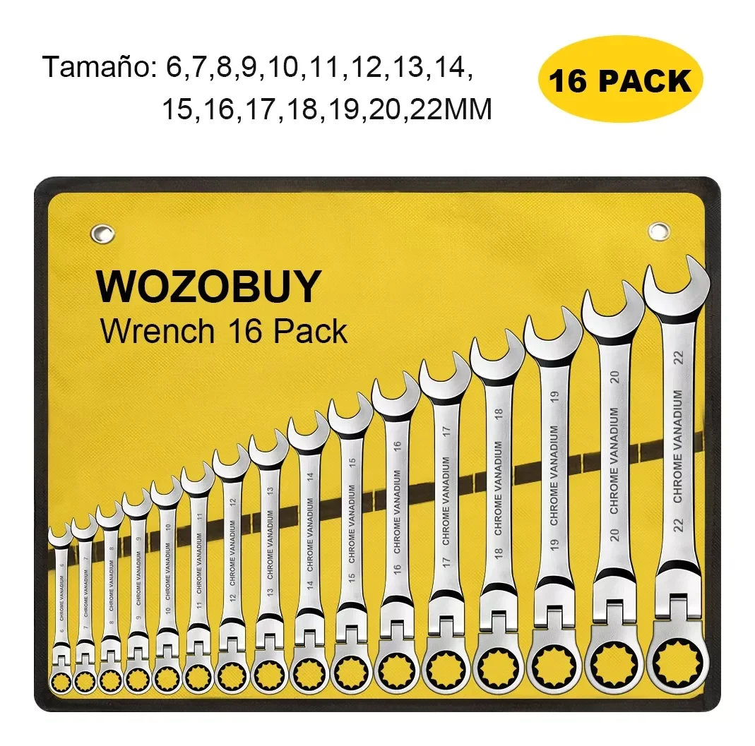 WOZOBUY 16Pcs Flex-Head Ratcheting Wrench Set