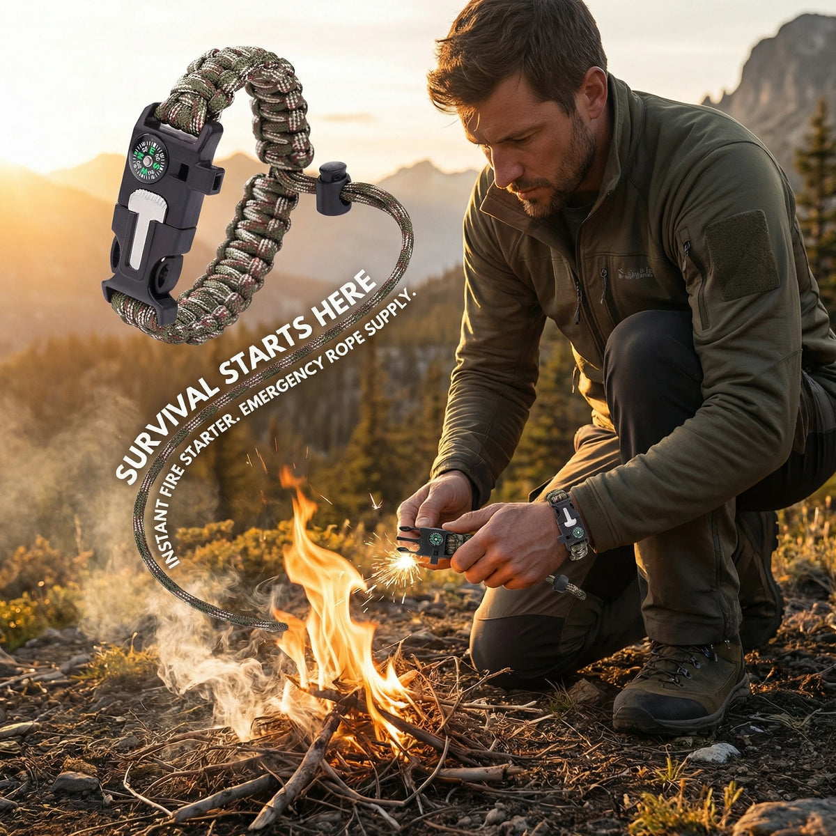 5 In 1 Survival Paracord Bracelet With Emergency Compass Whistle Fire Kit
