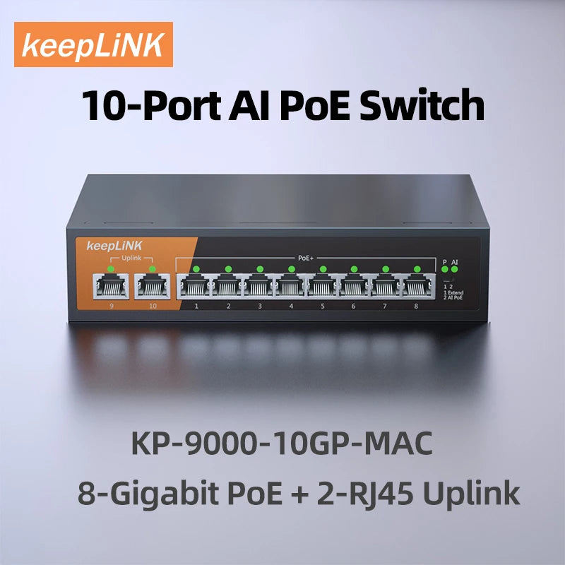 KeepLiNK 10 Port Gigabit PoE Ethernet Switch With 8 PoE Ports And 2 Uplink RJ45 120W Budget AI PoE Extended PoE
