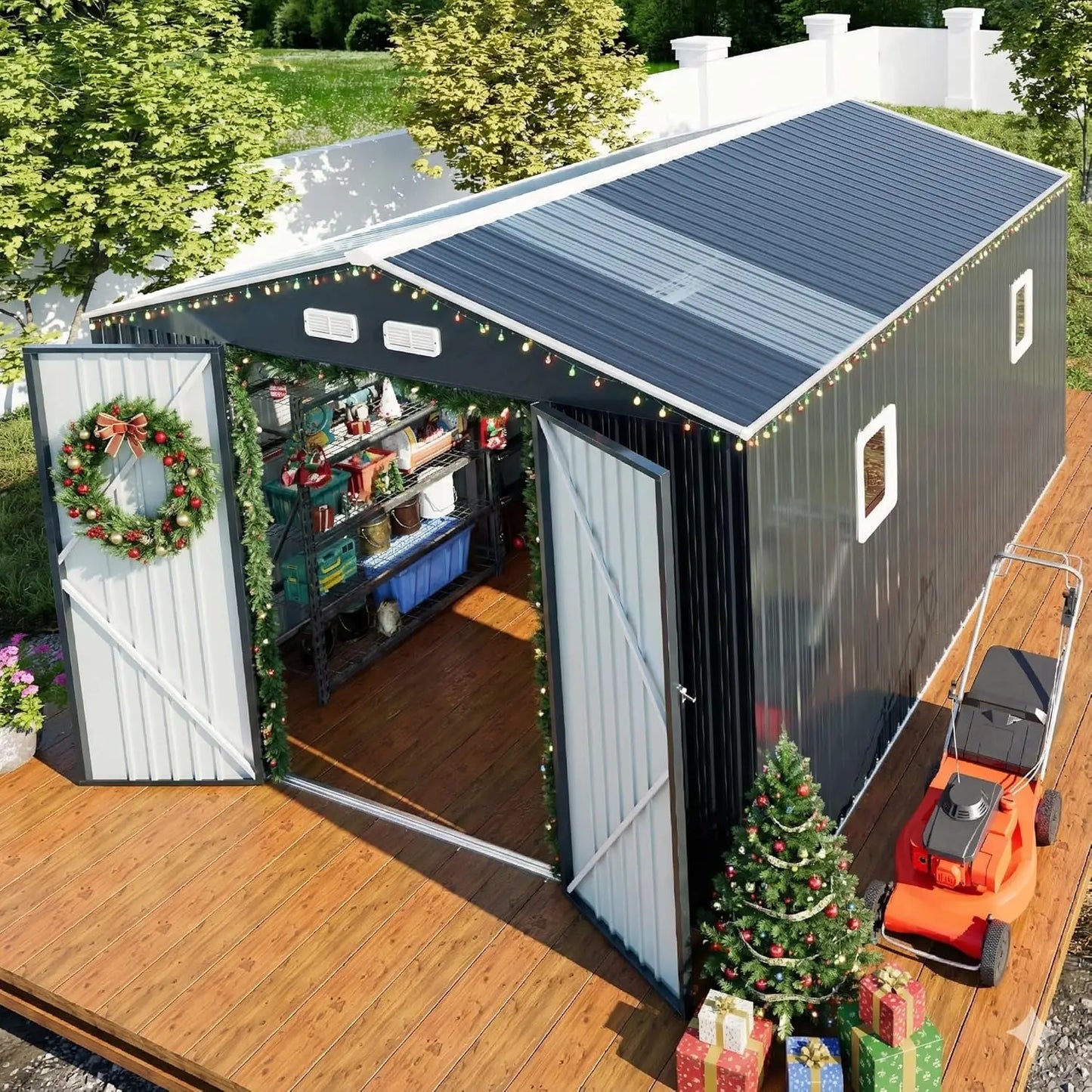 Metal Outdoor Storage Shed With Floor Base And Lockable Door