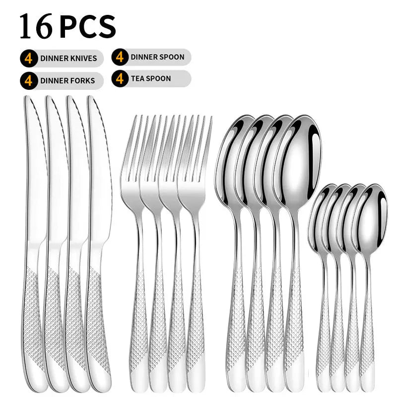 Pioggia Stainless Steel Cutlery Set For Four Person Everyday Dining With Silver Gold Coating And Mirror Bullion Finish