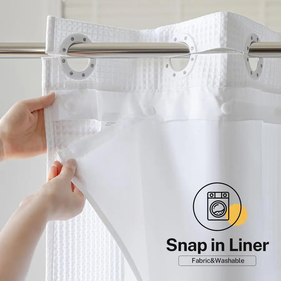 Waffle Shower Curtain No Hooks With Snap In Liner Cotton Blend Fabric Hookless Bath Curtain