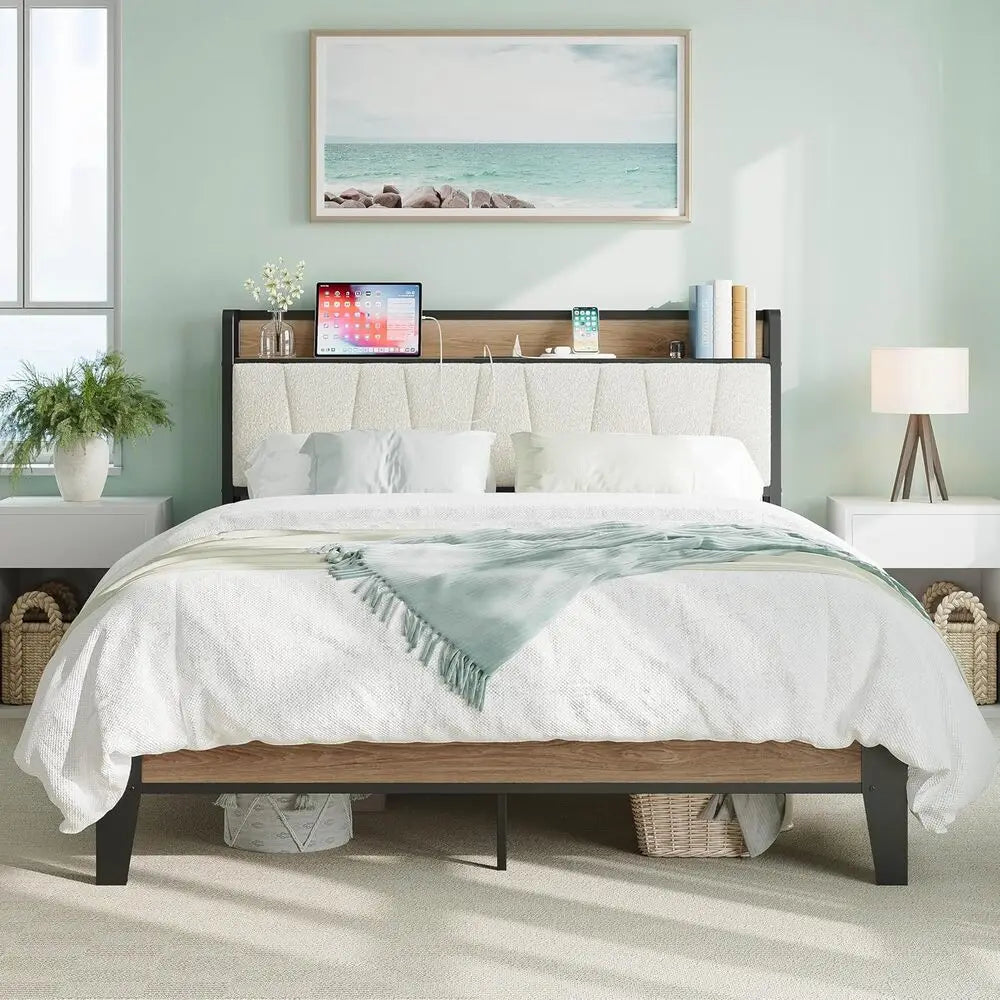 Likimio Bed Frame With Storage Headboard And Charging Station With USB Ports And Outlets With Heavy Duty Metal Slats