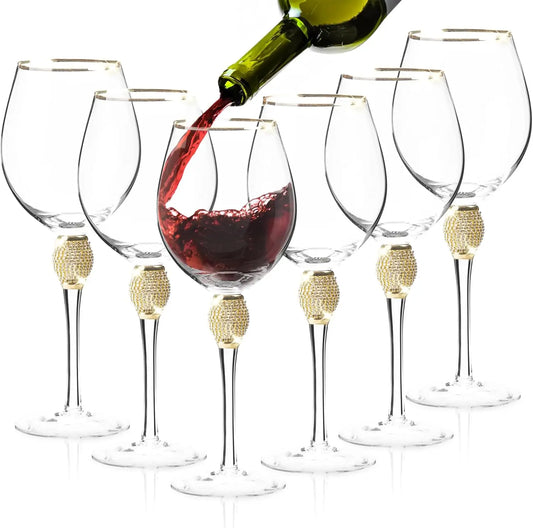 Premium Crystal Wine Glasses Set Of 6 With Rhinestone Accents On Elongated Stem And Gold Plated Rim