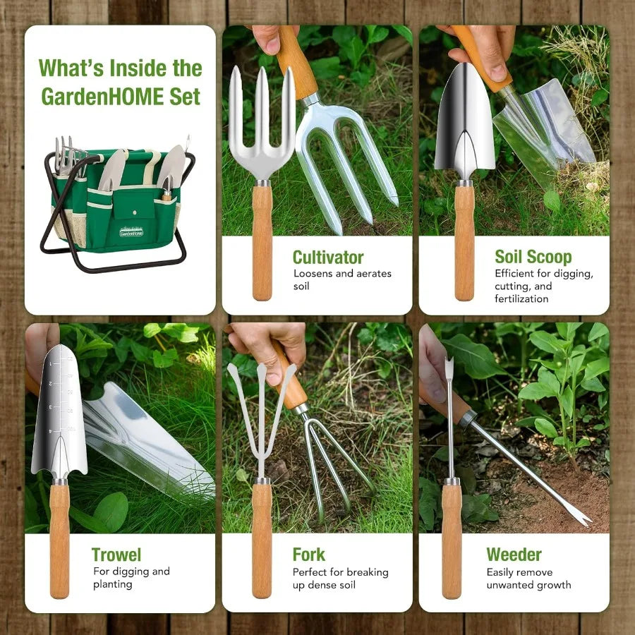Gardening Tools Sets Stainless Steel Featuring Ergonomic Wooden Handles Included
