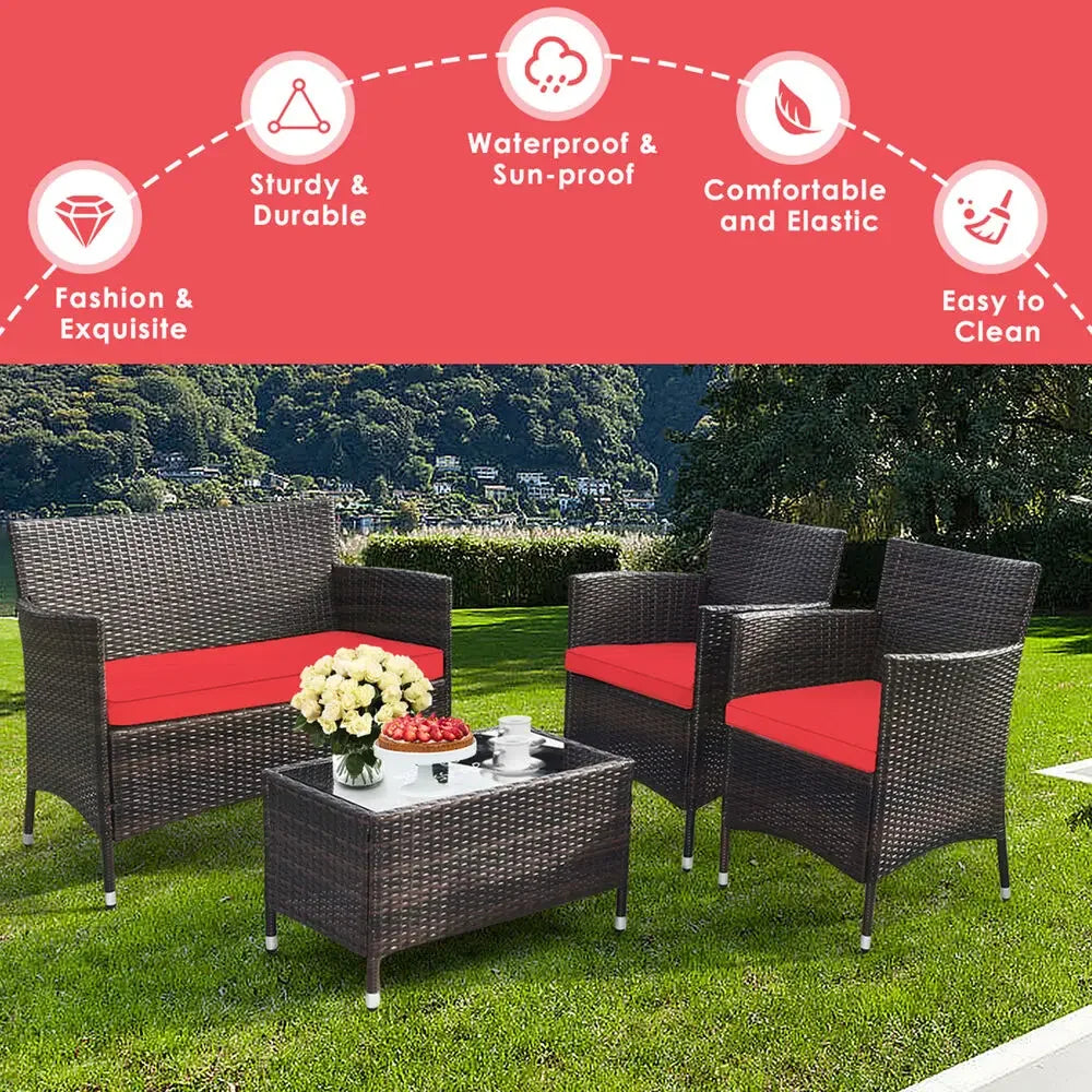 8PCS Patio Rattan Conversation Furniture Set Outdoor w/ Red Cushion