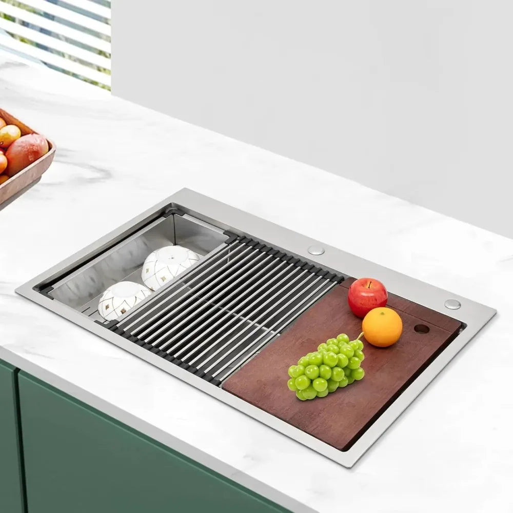 Stainless Steel Kitchen Sink, Built-in Sink 31 X 18 X 9 Inches Single Sink with Cutting Board, Holder and Strainer